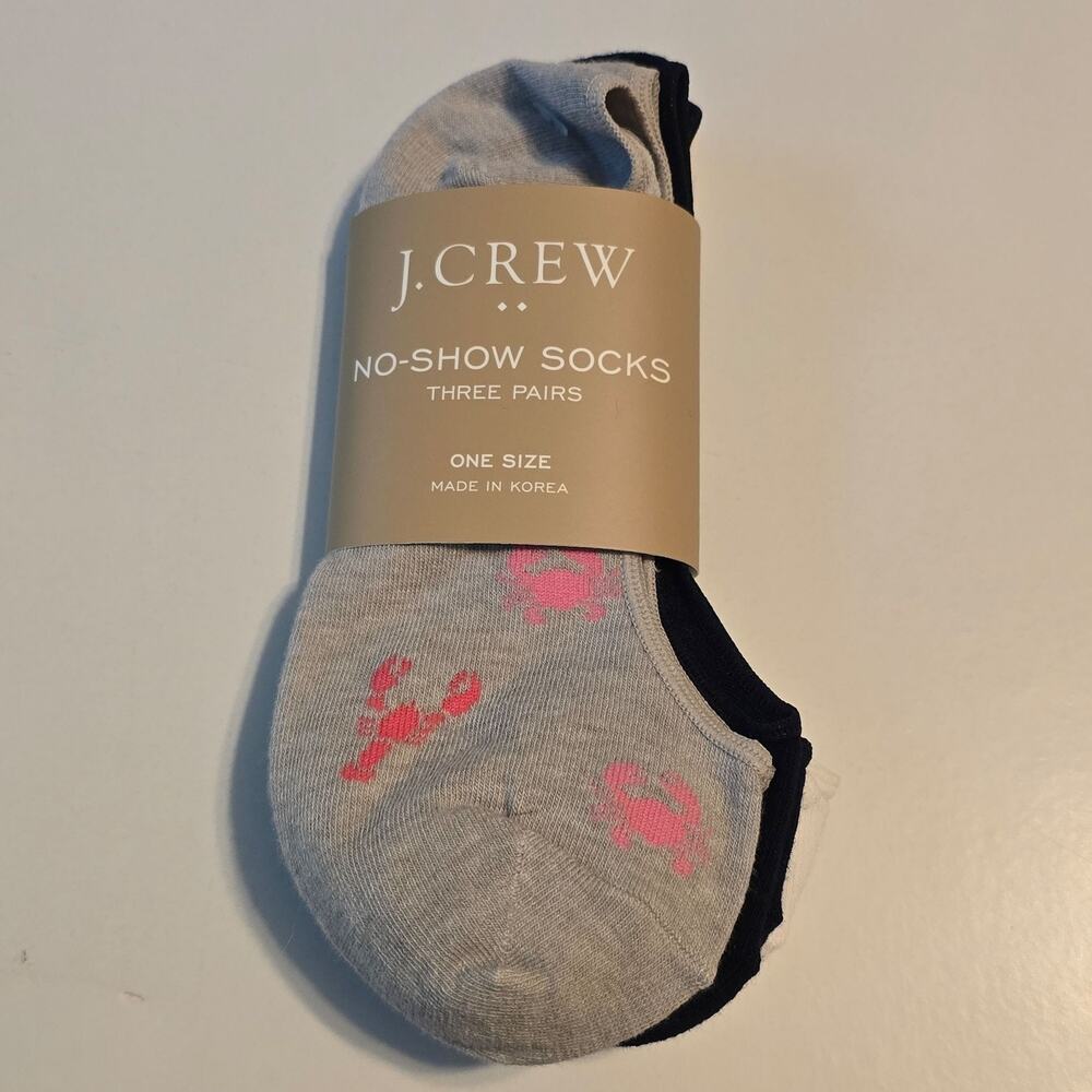 J Crew No-Show Socks Womens OS Multicolor Crab Lobster 3 Pairs Cotton Blend NWT
